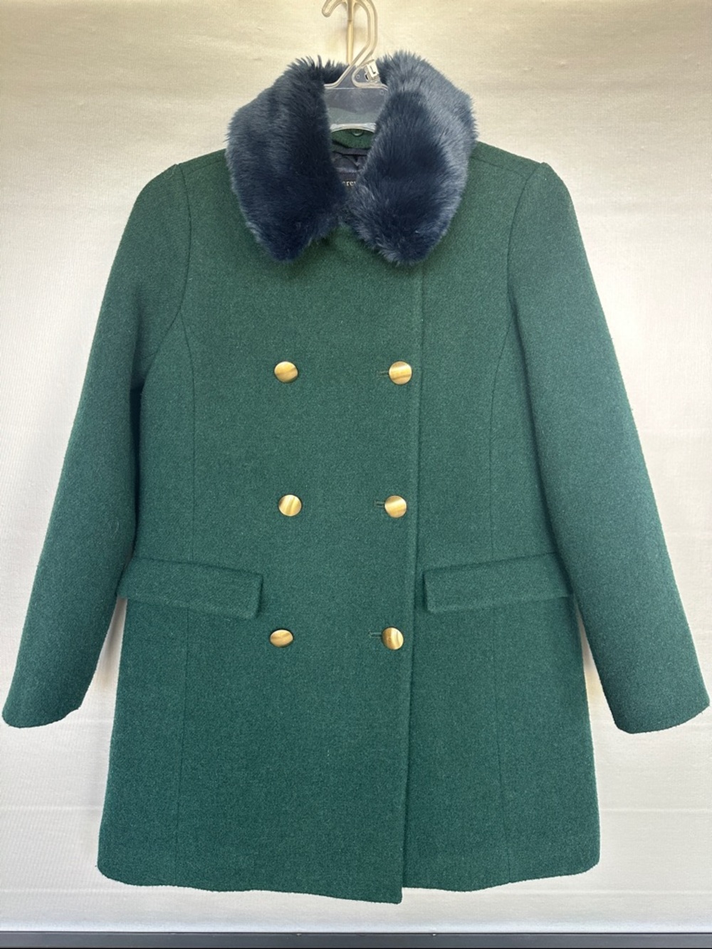 Crewcuts Size 12 Double-Breasted Wool Blend Green Coat Faux Fur Collar Pockets